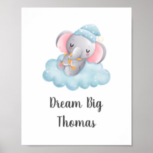 Dream Big Blue Elephant Baby Boy Nursery Wall Art