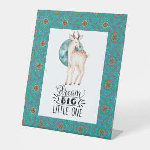 Dream Big Deer Boho Blue Border Nursery Art Faux Pedestal Sign