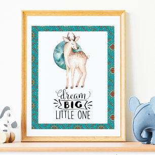 Dream Big Deer Boho Blue Border Nursery Art Poster