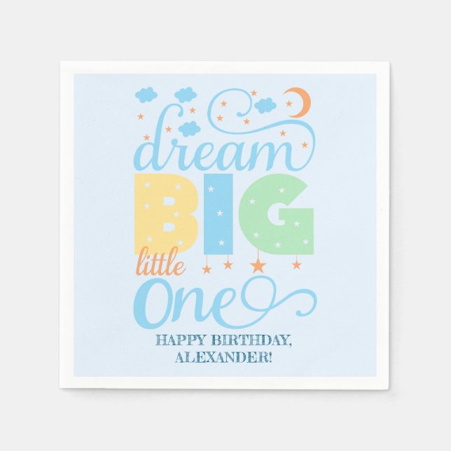 Dream Big Little One Blue Baby Boy 1st Birthday Napkin (Front)
