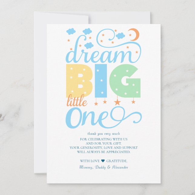 Dream Big Little One Blue Baby Boy 1st Birthday Thank You Card (Front)