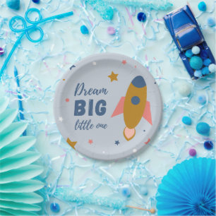 Dream Big Little One Cute Cartoon Space Rocket Paper Plate