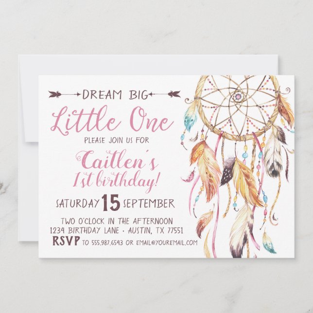 Dream Big Little One First Birthday Dreamcatcher Invitation (Front)