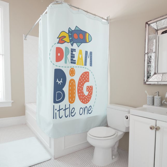 Dream Big Little One Rocket Shower Curtain (In Situ)