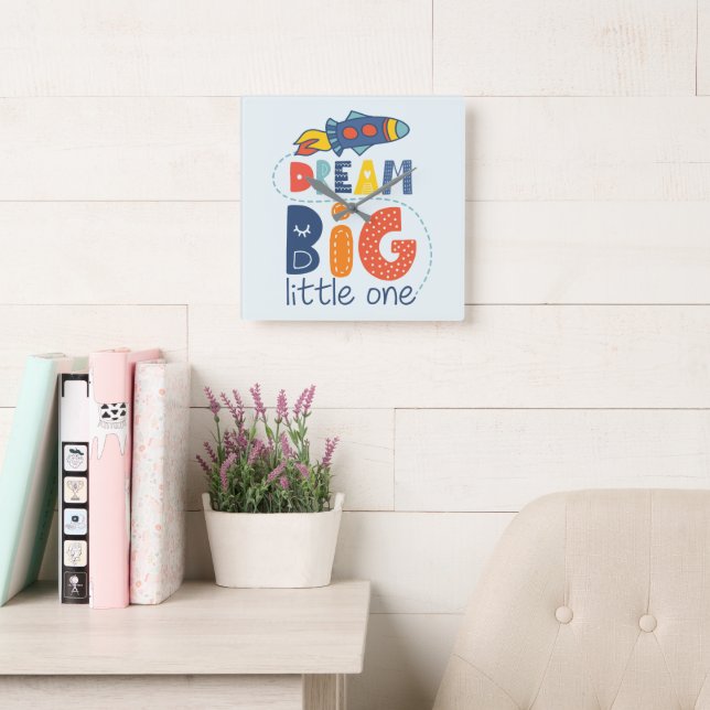 Dream Big Little One Rocket Square Wall Clock (Reading Room)