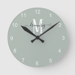 Dream Big Motivational Monogram Initial Sage Green Round Clock