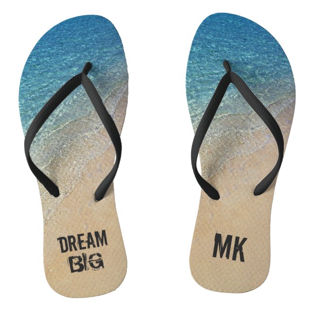 Dream Big Ocean Beach with Custom Monogram Name Thongs (Footbed)