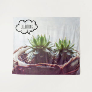 Dream Big Phrase Green Succulent Tapestry