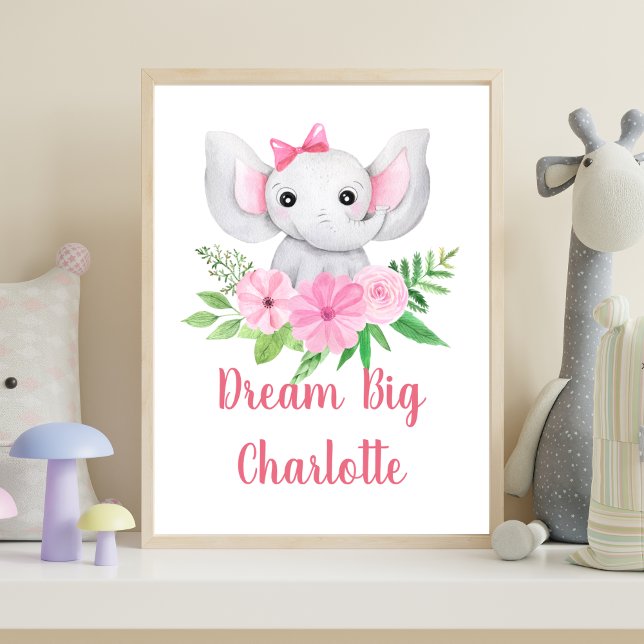 Dream Big Pink Elephant Baby Girl Nursery Wall Art (Pink Elephant Baby Girl Nursery Wall Art, Dream Big Personalized Baby Gift)