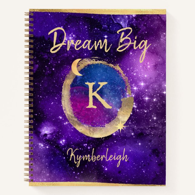 Dream Big Purple Galaxy Glam Gold Monogram Name Notebook (Front)