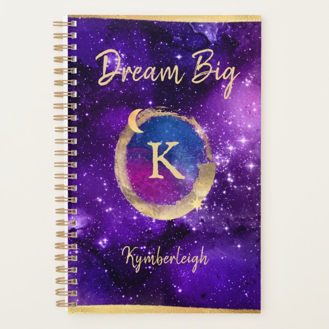 Dream Big Purple Galaxy Glam Gold Monogram Small Planner (Front)