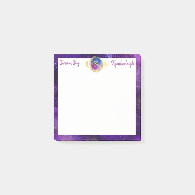 Dream Big Purple Galaxy Gold Monogram Small Square Post-it Notes (Front)