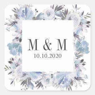 Dream Blue Botanical Frame Wedding Monogram Square Sticker