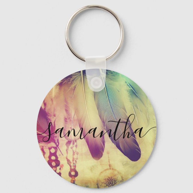 Dream Boho Bohemian Style Dreamcatcher Feathers  Key Ring (Front)