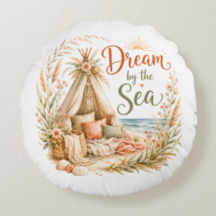 Dream by the Sea Boho Beach with Coastal Sunset Round Cushion