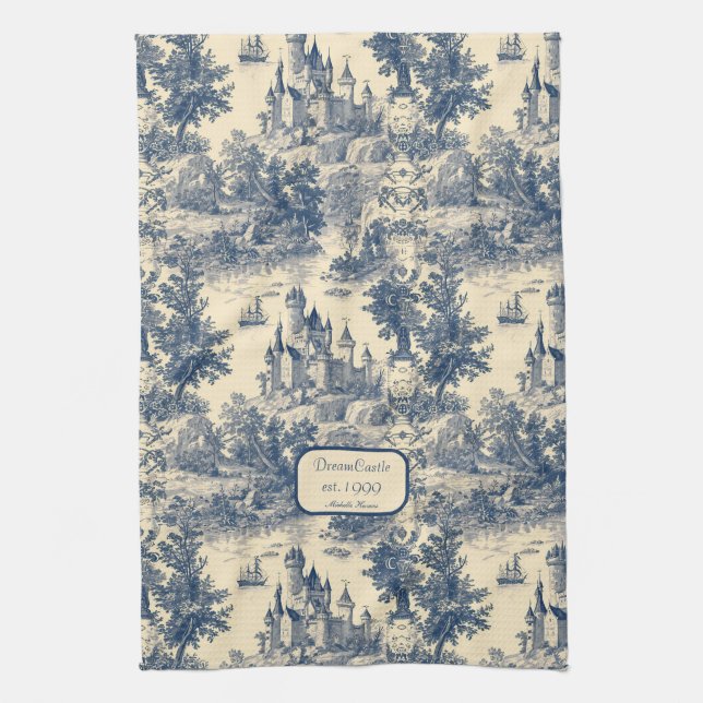 Dream Castle Classic Blue and Ivory Toile de Jouy Tea Towel (Vertical)