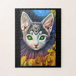 Dream cat green eyes fantasy golden feathers jigsaw puzzle