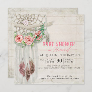 Dream Catcher Baby Shower Girl BOHO Wood Feather Invitation