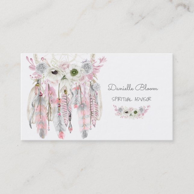Dream Catcher Boho Arrows Feathers Pink Grey Business Card (Front)