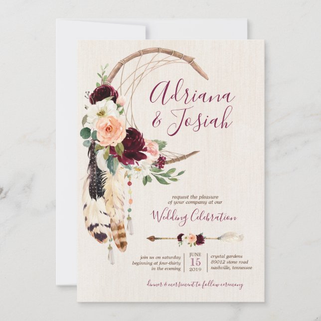 Dream Catcher Moon Peach & Burgundy Boho Wedding Invitation (Front)