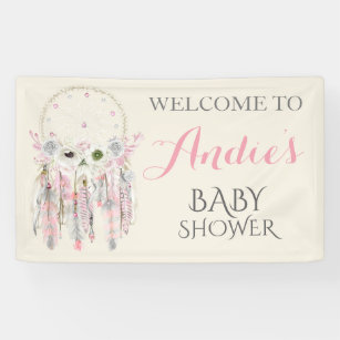 Dream Catcher Pink Grey Ivory Feathers Banner