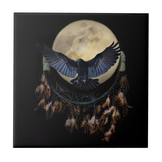 Dream Catcher Raven and Wolf Moon Tile (Front)