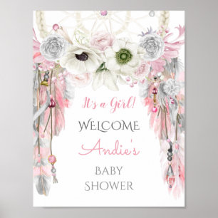 Dream Catcher Tribal Boho Welcome Sign Pink Grey