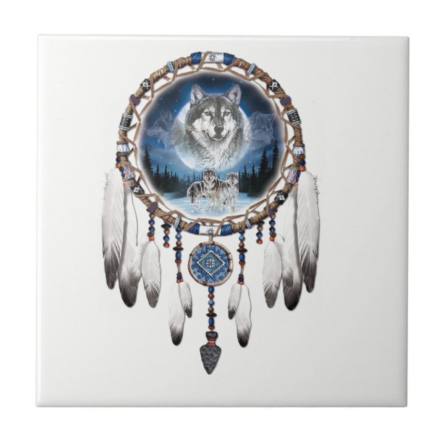 Dream Catcher with wolf background Ceramic Tile (Front)
