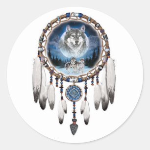 Dream Catcher with wolf background Classic Round Sticker