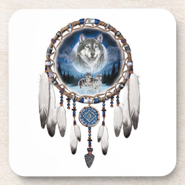 Dream Catcher with wolf background Coaster (Front)