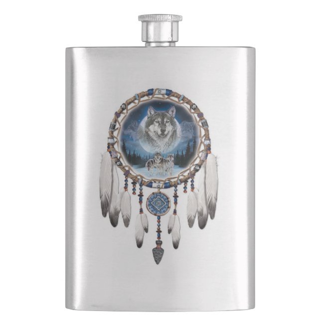 Dream Catcher with wolf background Hip Flask (Front)