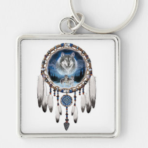 Dream catcher with wolf background key ring