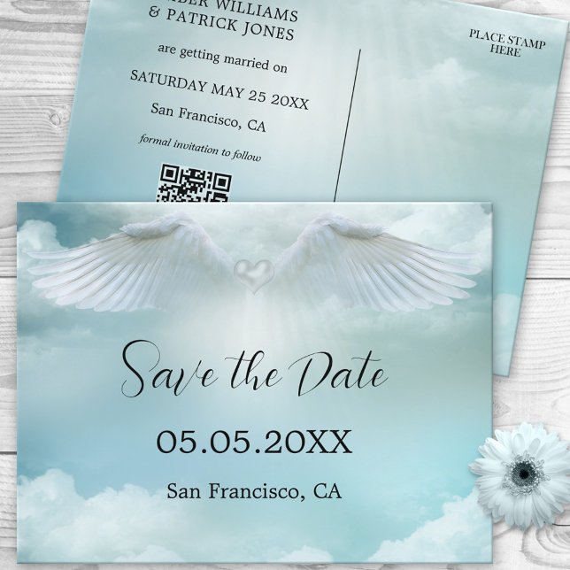Dream Cloud Angel Wings QR Code Save the Date Announcement Postcard (Creator Uploaded)