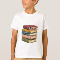 Dream, Colour, Imagine" Stacked Books Kids T-Shirt