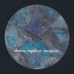 Dream Explore Imagine Inspirational Galaxy Space Large Clock<br><div class="desc">Inspire the space or science lover in your life with this space themed clock featuring a hand-painted galaxy filled with stars and planets. Featuring the words "dream",  "explore" and "imagine". Text is fully customisable. Part of a collection from parcel studios.</div>