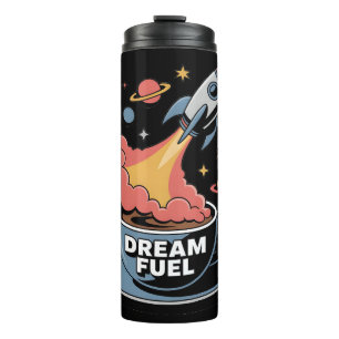 Dream Fuel Graphic: Rocket Launching from Coffee Thermal Tumbler