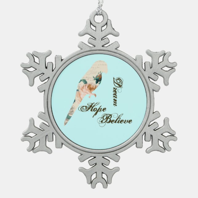 Dream, Hope, Believe Bird Snowflake Pewter Christmas Ornament (Front)