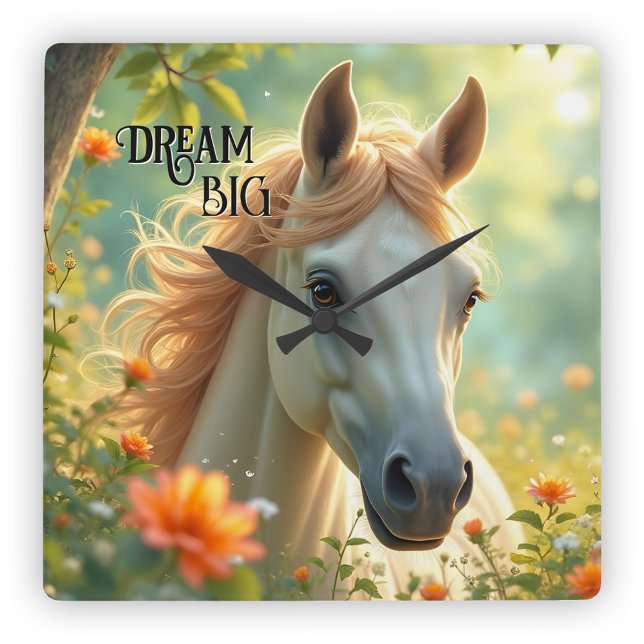 Dream Horse Summer Time Square Wall Clock (Wall clock featuring a pretty painting of a dreamy horse in a summer scene)