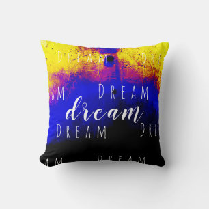 "Dream" in White on Blue Burgundy Yellow Design Cushion