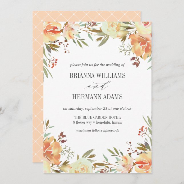 Dream Peach | Fancy rustic Flowers wedding Invitation (Front/Back)