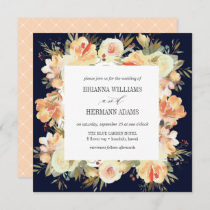 Dream Peach & Navy   Spring Floral Diamond Wedding Invitation