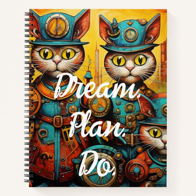 Dream Plan. Do. Fun Steampunk Cats Notebook (Front)
