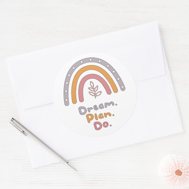 Dream, plan, do motivational colourful boho rainbo classic round sticker (Envelope)