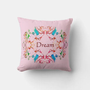 "Dream" Red Blue Green Burgundy Mandala on Pink Cushion