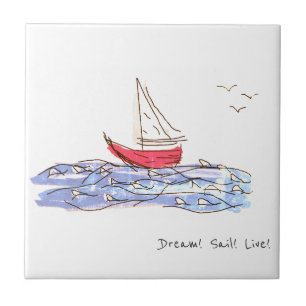 Dream Sail Live Sea Boat Seagull Sketch Ceramic Tile