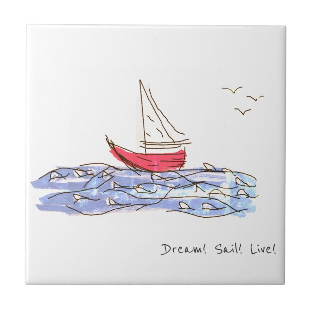 Dream Sail Live Sea Boat Seagull Sketch Ceramic Tile (Front)