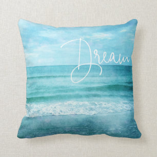 Dream Yoga Quote Retro Beach Teal Blue Ocean Cushion