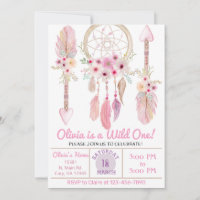 Dreamcatcher girl birthday invitation. Pink. Invit