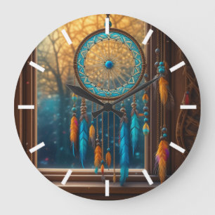 Dreamcatcher in a Window Fall Leaves Large Clock