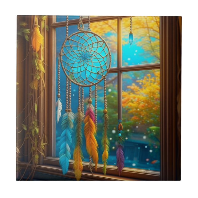 Dreamcatcher in Window Boho Ceramic Tile (Front)
